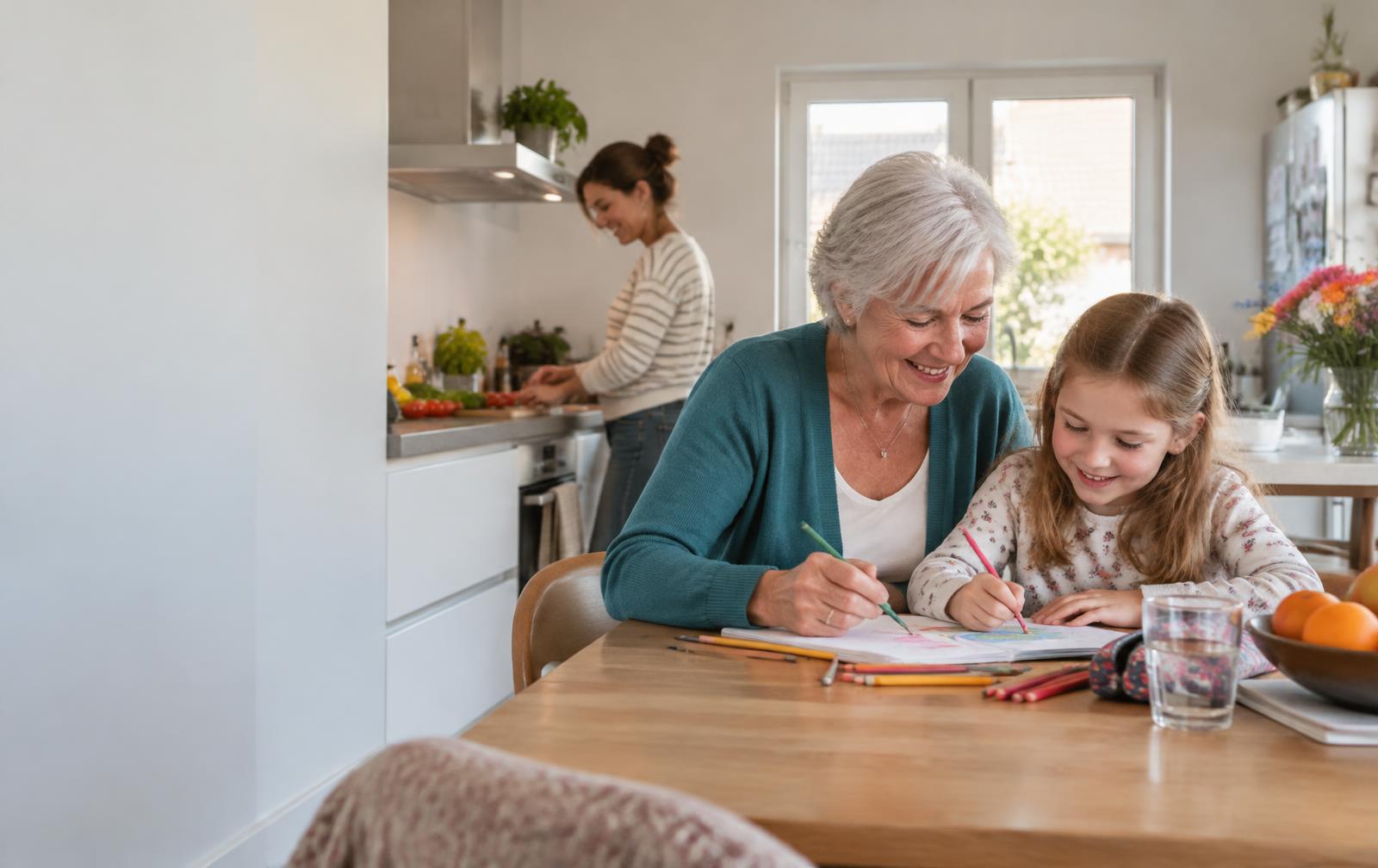 Een oudere vrouw tekent met een kind aan de keukentafel